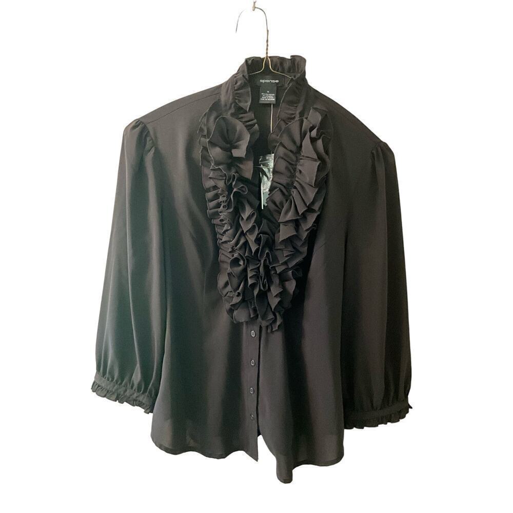 Spense Ruffle Top Women's Medium Black Polyester Stretch Classic Fit 3/4 Sleeve